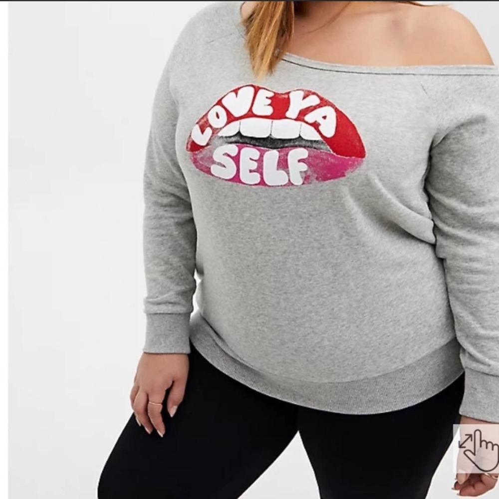 TORRID LOVE YA SELF LIGHT GREY TERRY OFF SHOULDER SWEATSHIRT SIZE 3X